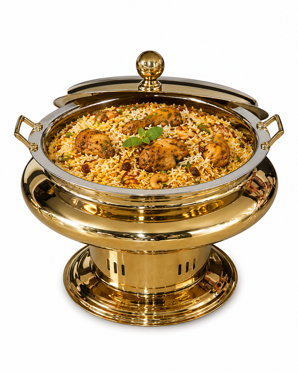 Golden PVD Coated Stainless Steel Round Chafing Dish with Lid for Buffet and Catering – Malabar Nest