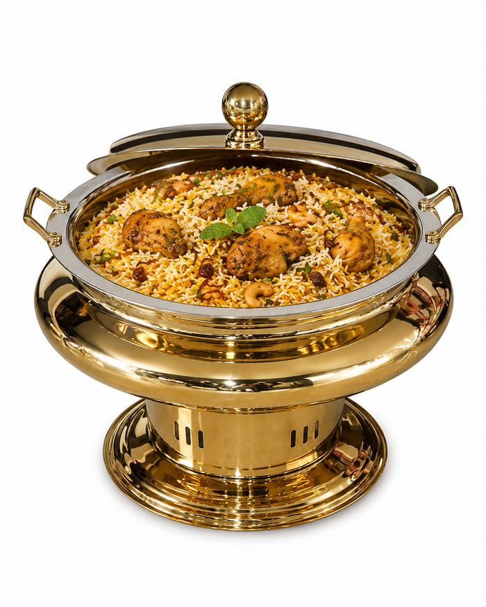 Oyster Stainless Steel Round Chafing Dish with Lid, PVD Coated Golden Chafing Dish | Malabar Nest
