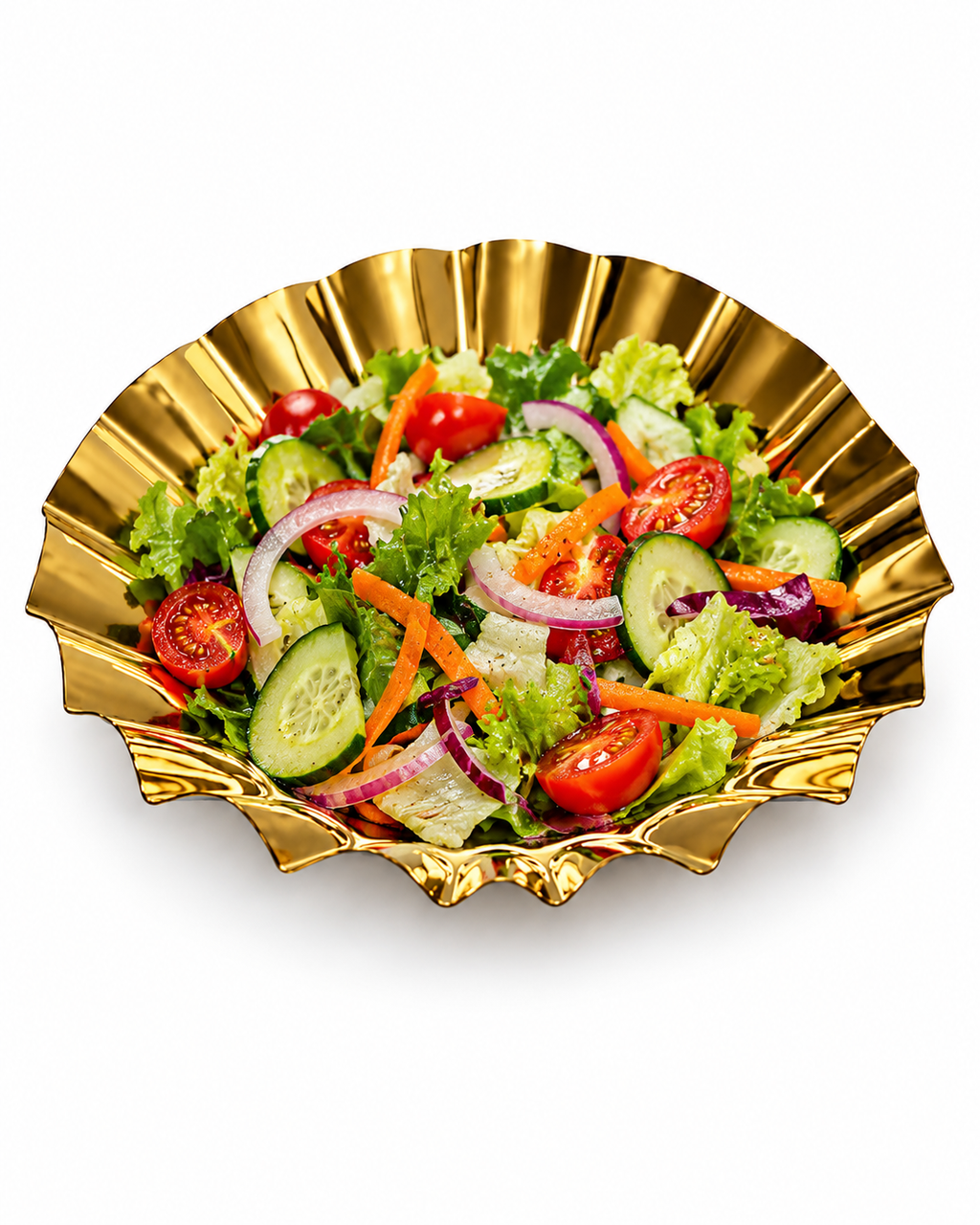 Gold finish round salad platter filled with fresh salad | Malabar Nest