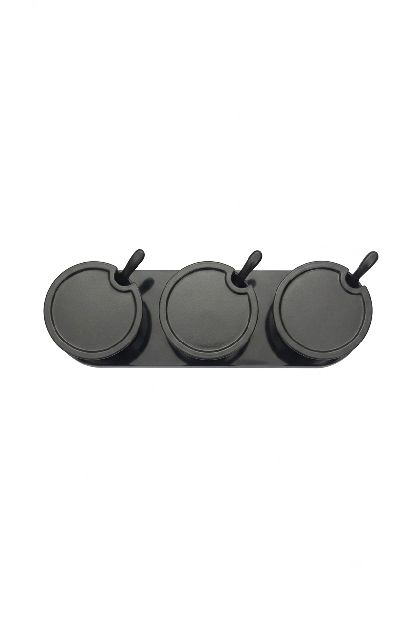 3-Piece Melamine Spice & Pickle Jar Set with Spoons and Tray (10" Black) – MTC3646 | Malabar Nest
