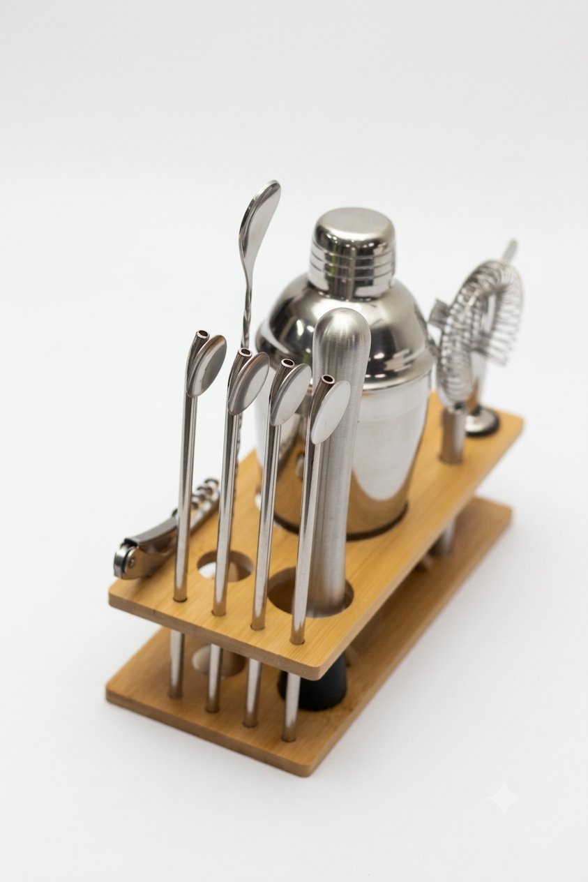 Stainless Steel Cocktail Shaker Bartender Tool Set with Wooden Stand | Malabar Nest