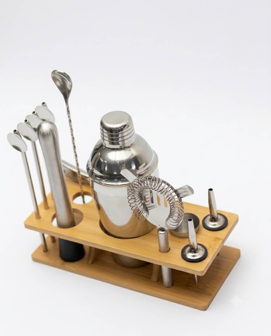 Stainless Steel Cocktail Shaker Bartender Tool Set with Wooden Stand | Malabar Nest