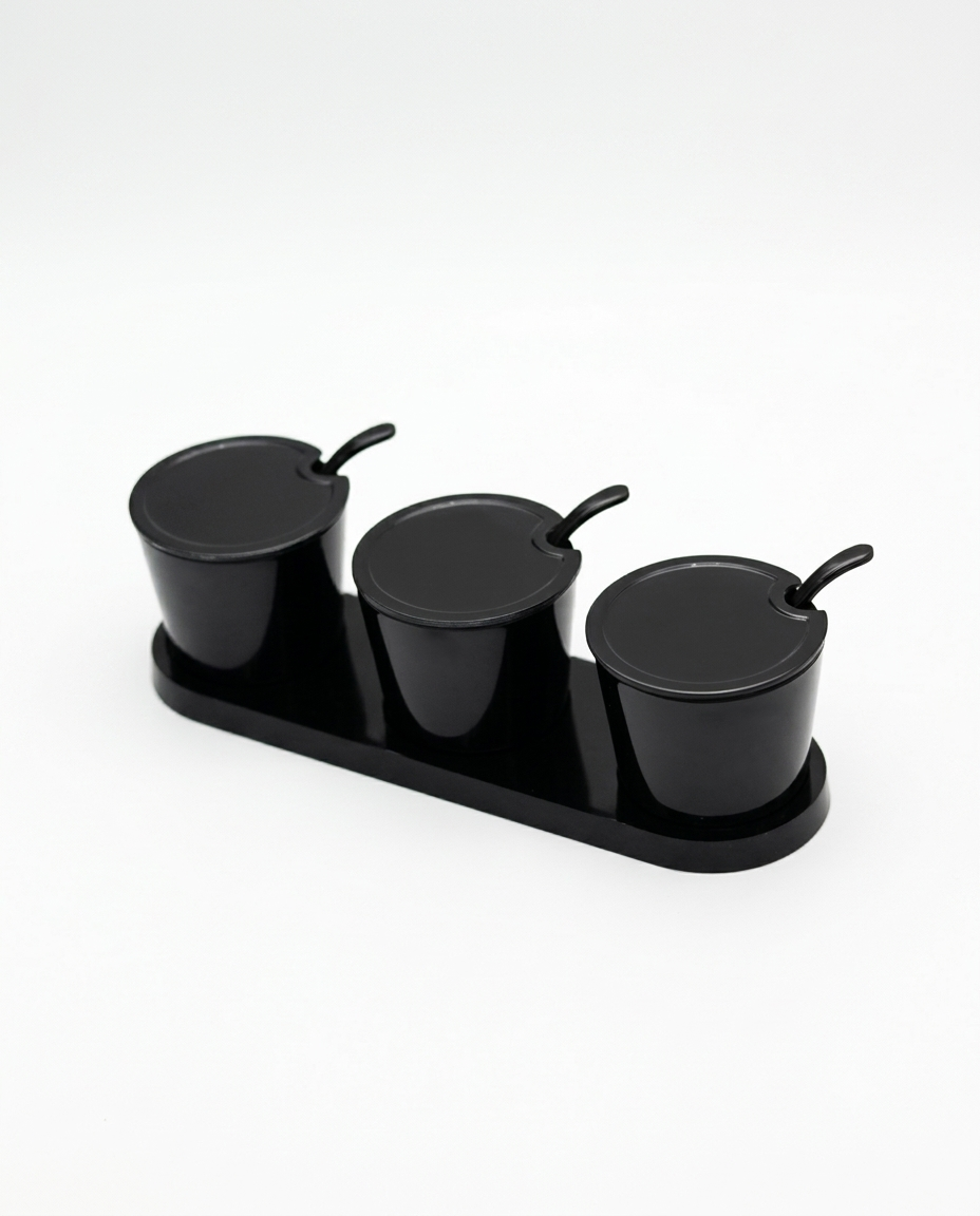 3-Piece Melamine Spice & Pickle Jar Set with Spoons and Tray (10" Black) – MTC3646 | Malabar Nest