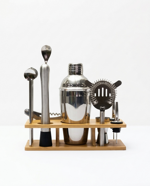 Stainless Steel Cocktail Shaker Bartender Tool Set with Wooden Stand | Malabar Nest
