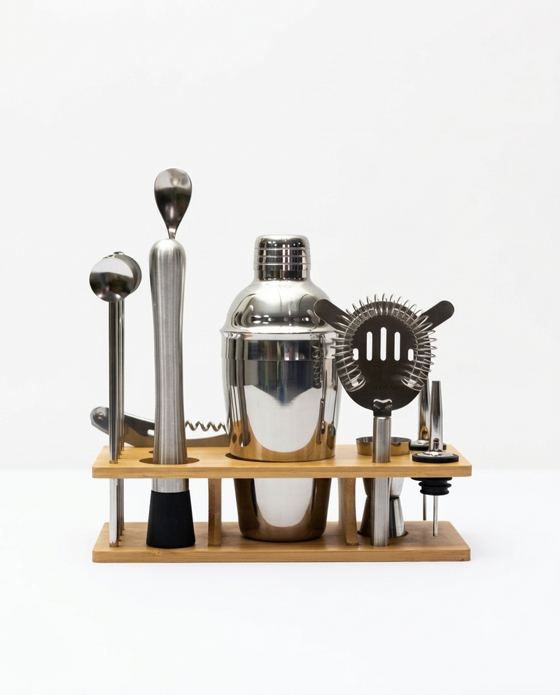 Stainless Steel Cocktail Shaker Bartender Tool Set with Wooden Stand | Malabar Nest