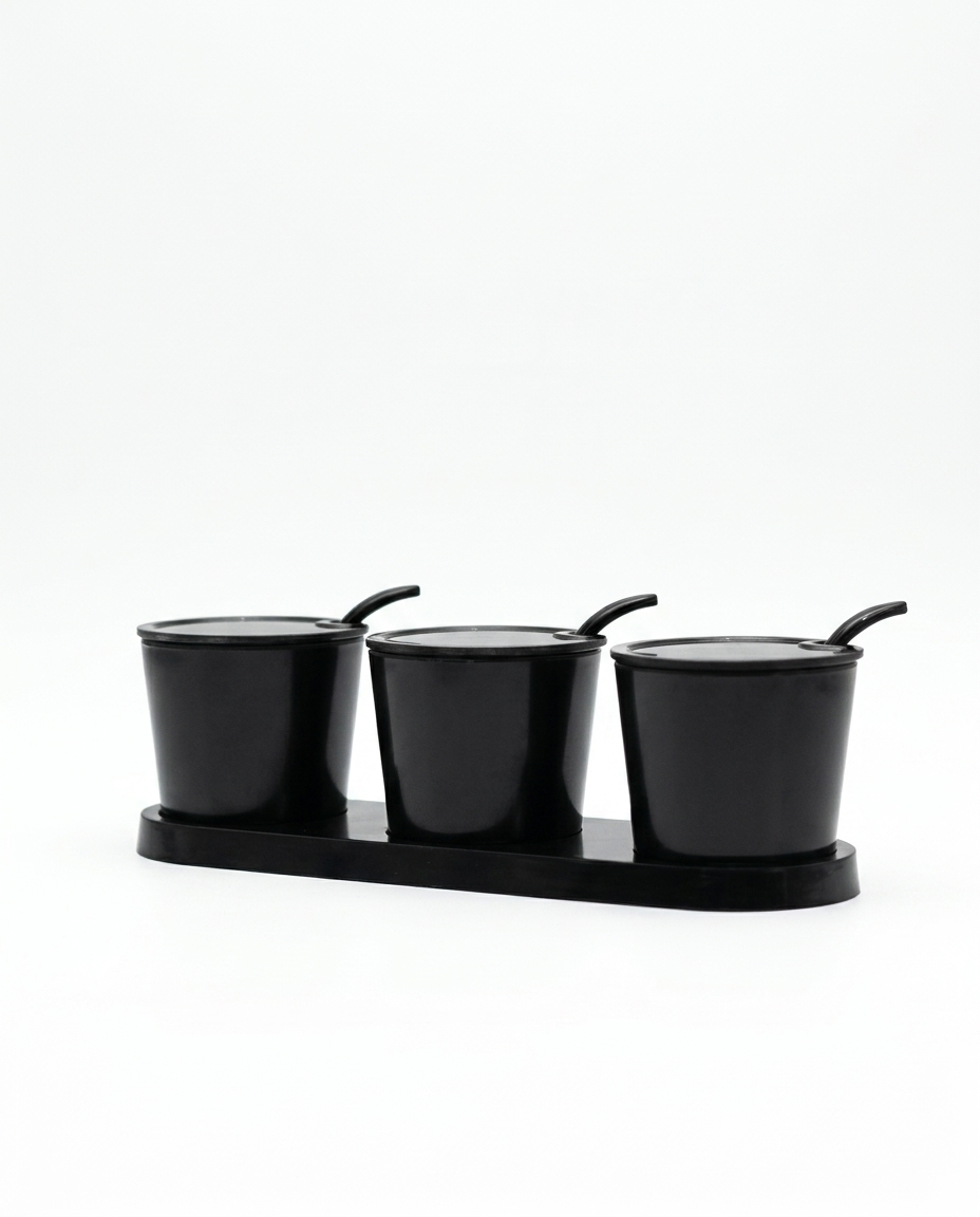 3-Piece Melamine Spice & Pickle Jar Set with Spoons and Tray (10" Black) – MTC3646 | Malabar Nest