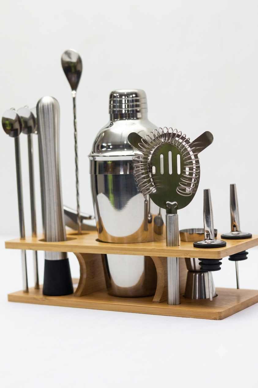 Stainless Steel Cocktail Shaker Bartender Tool Set with Wooden Stand | Malabar Nest