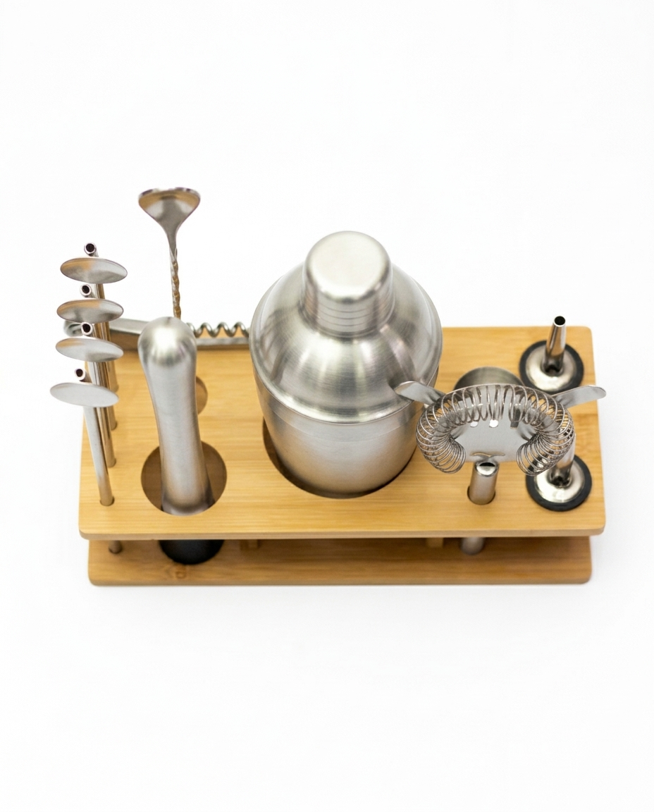 Stainless Steel Cocktail Shaker Bartender Tool Set with Wooden Stand | Malabar Nest