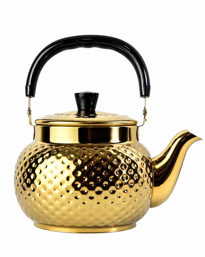 Hammered Stainless Steel Kettle 2 Litre – Gold Finish with Black Handle | Malabar Nest