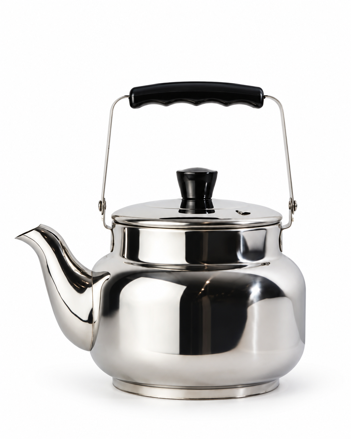Polished Silver Stainless Steel Tea Kettle with Black Handle, Lid Knob and Curved Pouring Spout