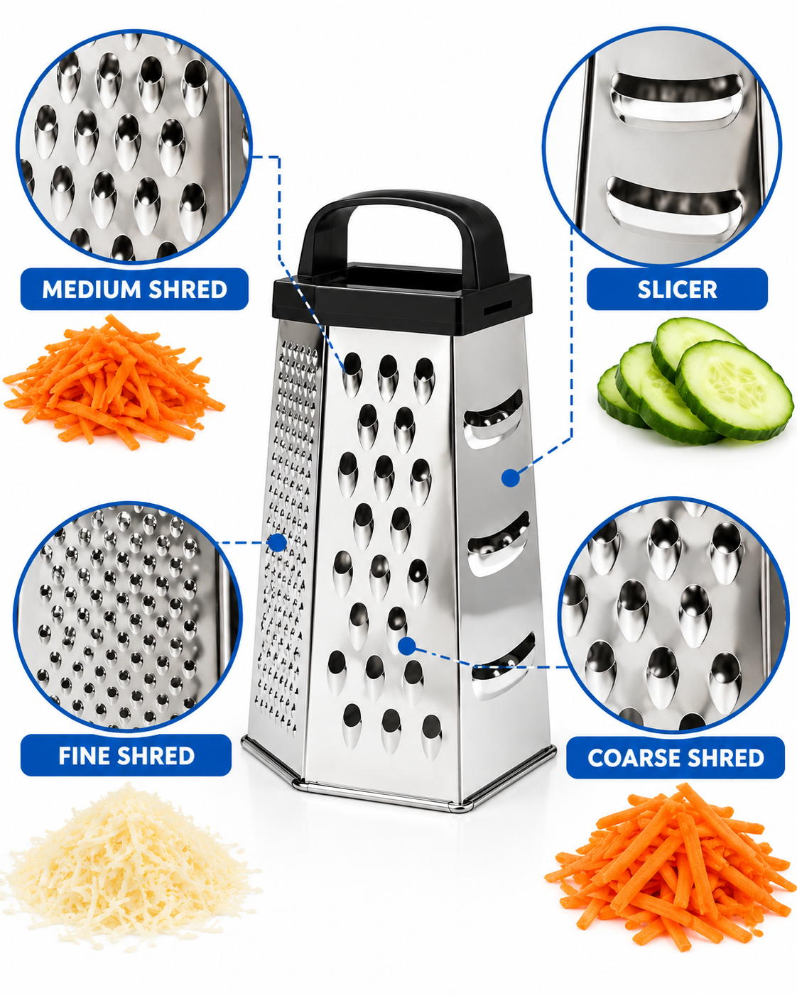 Stainless Steel 4 Sided Box Grater with Fine Shred, Medium Shred, Coarse Shred and Slicer | Malabar Nest