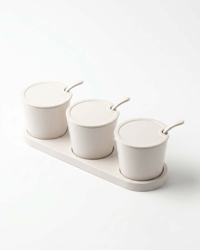 3-Piece Melamine Spice & Pickle Jar Set with Spoons and Tray (10" WHITE) – MTC1235 | Malabar Nest