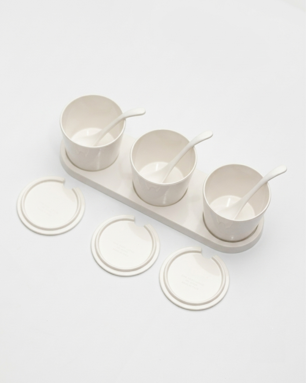 3-Piece Melamine Spice & Pickle Jar Set with Spoons and Tray (10" WHITE) – MTC1235 | Malabar Nest