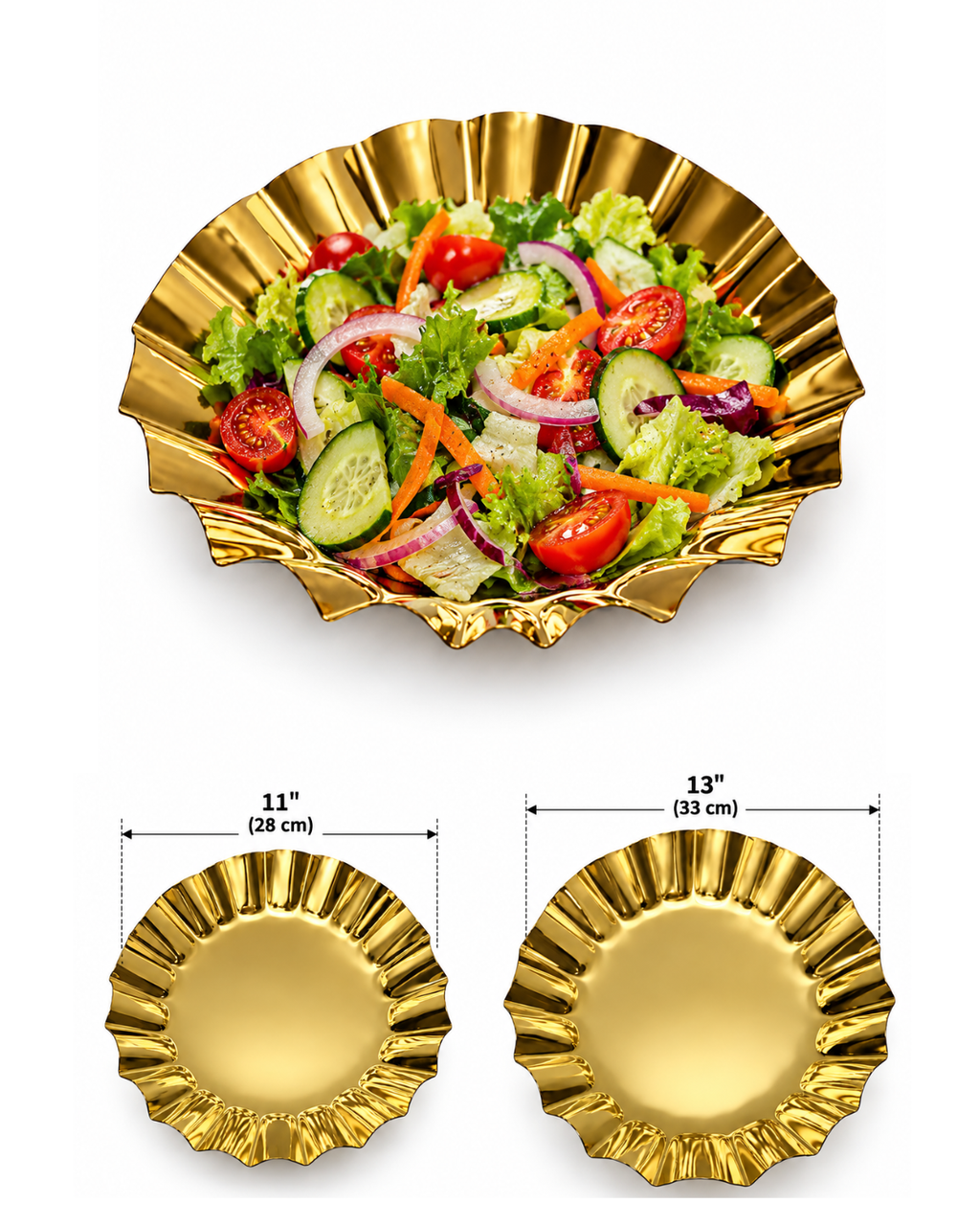 Gold round salad platter available in 11 inch 28 cm and 13 inch 33 cm sizes | Malabar Ne
