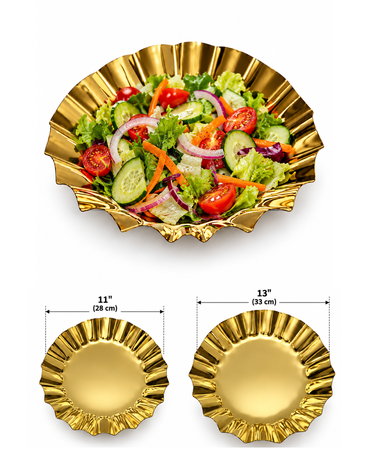 Gold round salad platter available in 11 inch 28 cm and 13 inch 33 cm sizes | Malabar Ne