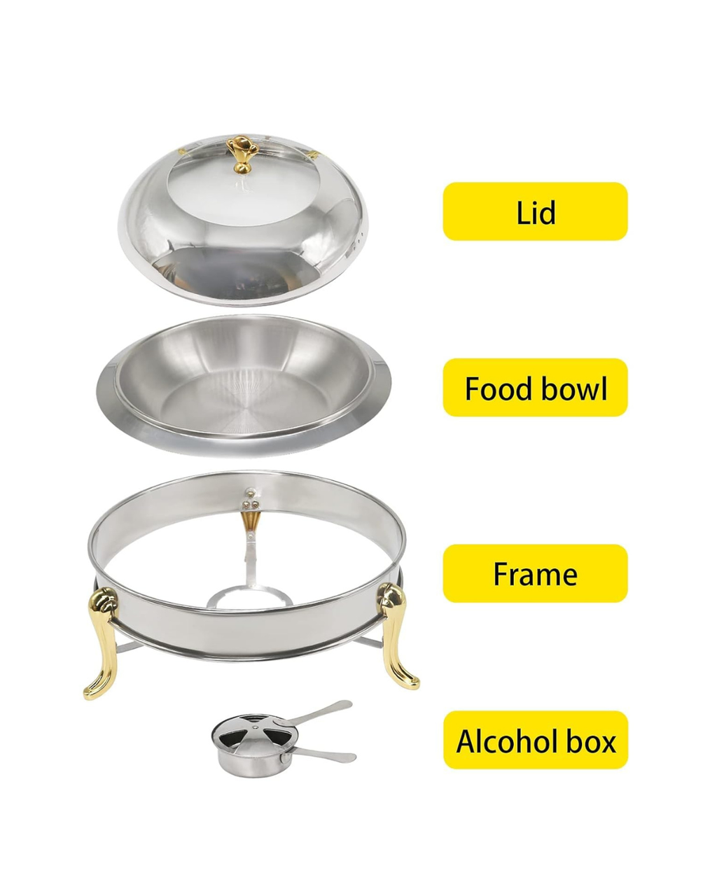 Stainless Steel Round Chafing Dish 24CM Food Warmer with Gold Handles & Lid | Buffet Warming Tray | Malabar Nest