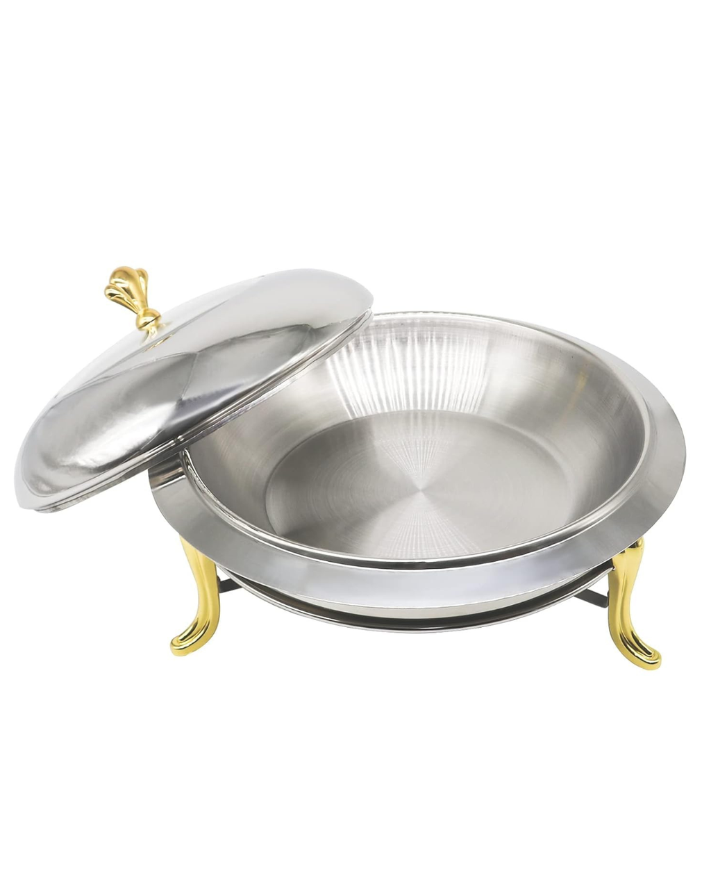 Stainless Steel Round Chafing Dish 24CM Food Warmer with Gold Handles & Lid | Buffet Warming Tray | Malabar Nest