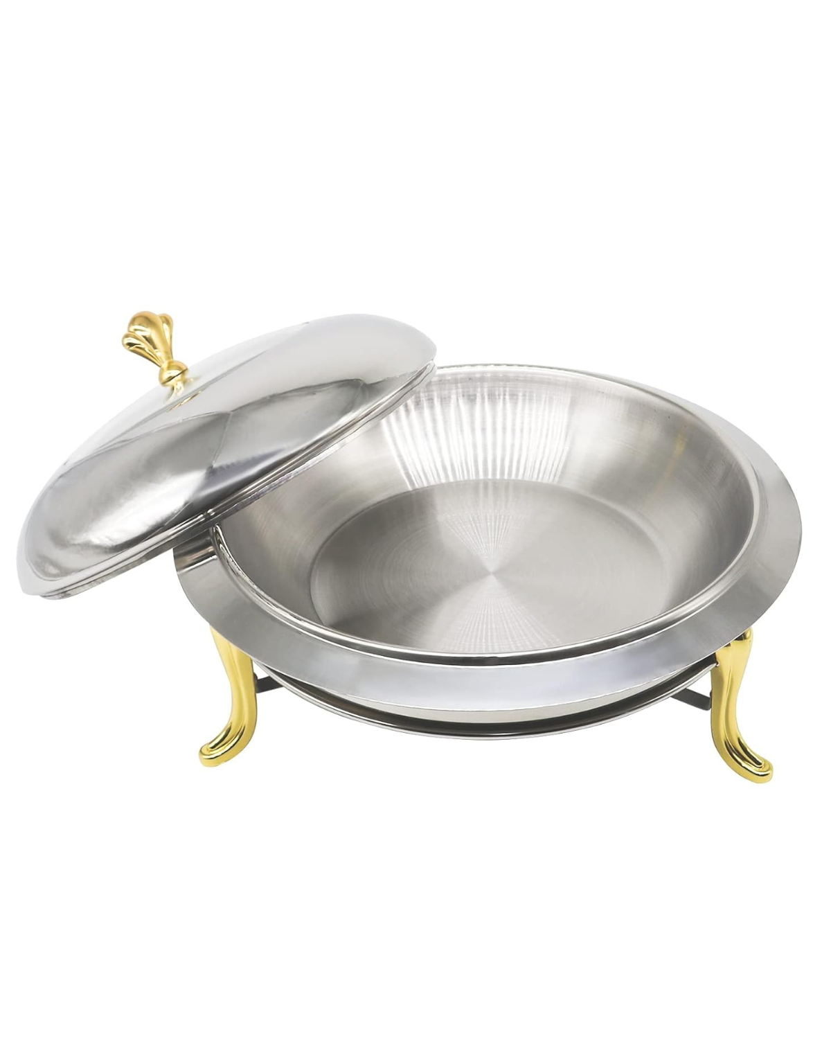 Stainless Steel Round Chafing Dish 24CM Food Warmer with Gold Handles & Lid | Buffet Warming Tray | Malabar Nest