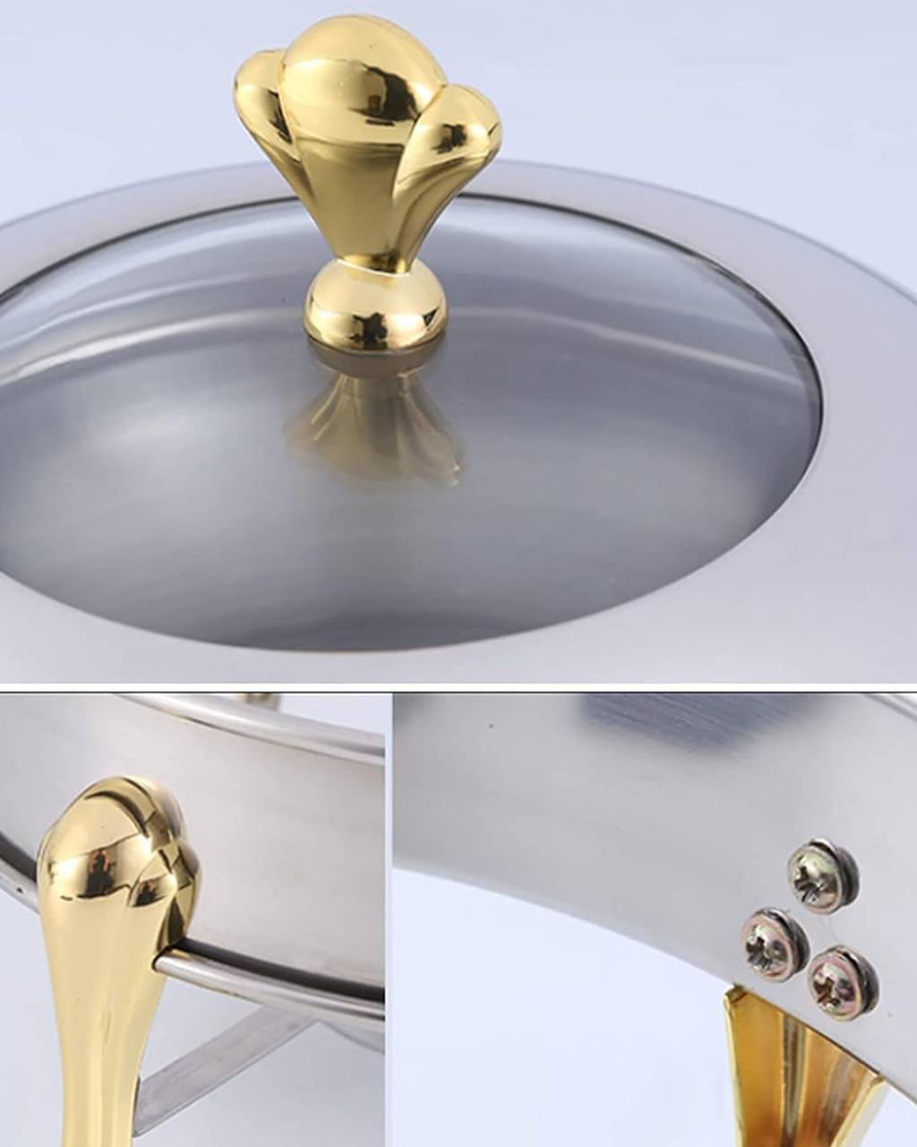 Stainless Steel Round Chafing Dish 24CM Food Warmer with Gold Handles & Lid | Buffet Warming Tray | Malabar Nest