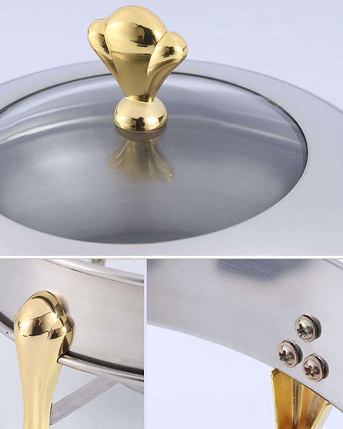 Stainless Steel Round Chafing Dish 24CM Food Warmer with Gold Handles & Lid | Buffet Warming Tray | Malabar Nest