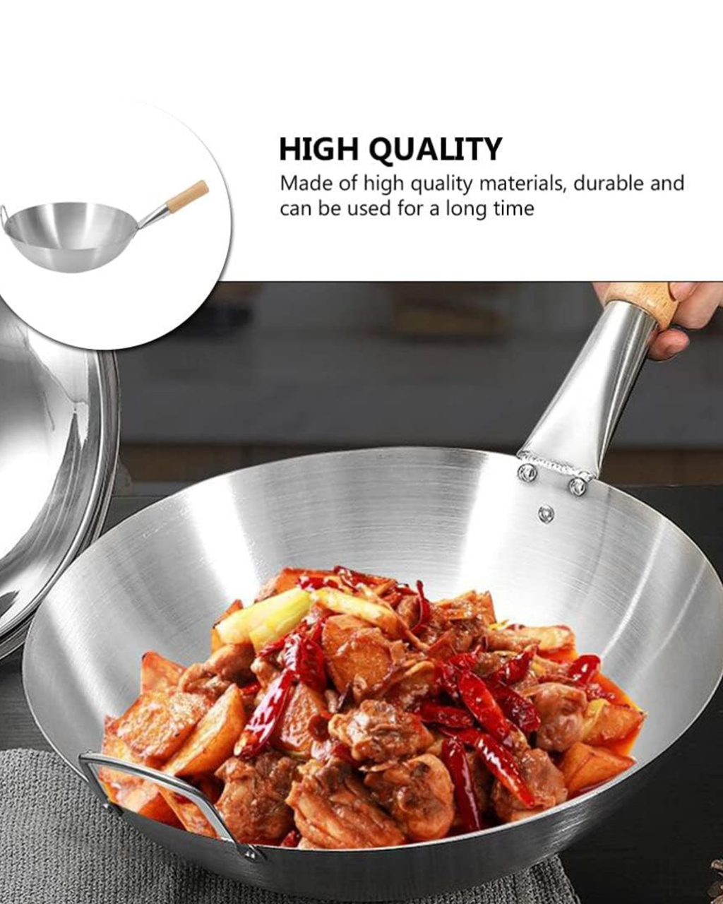 Malabar Trading Company Heavy Duty Steel Kadai with Wooden Handle Commercial Chinese Wok Stainless Steel Cooking Pan