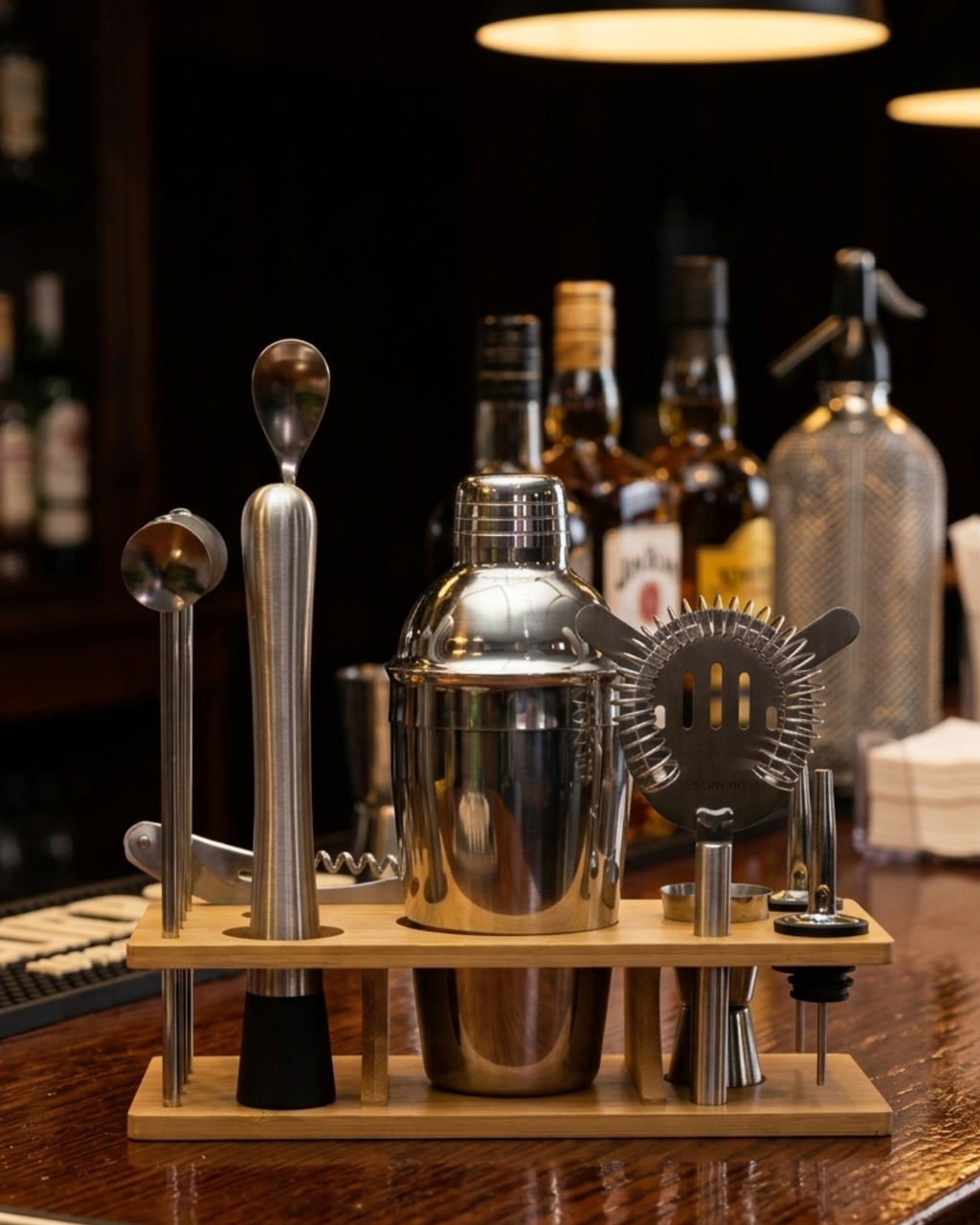 Stainless Steel Cocktail Shaker Bartender Tool Set with Wooden Stand | Malabar Nest