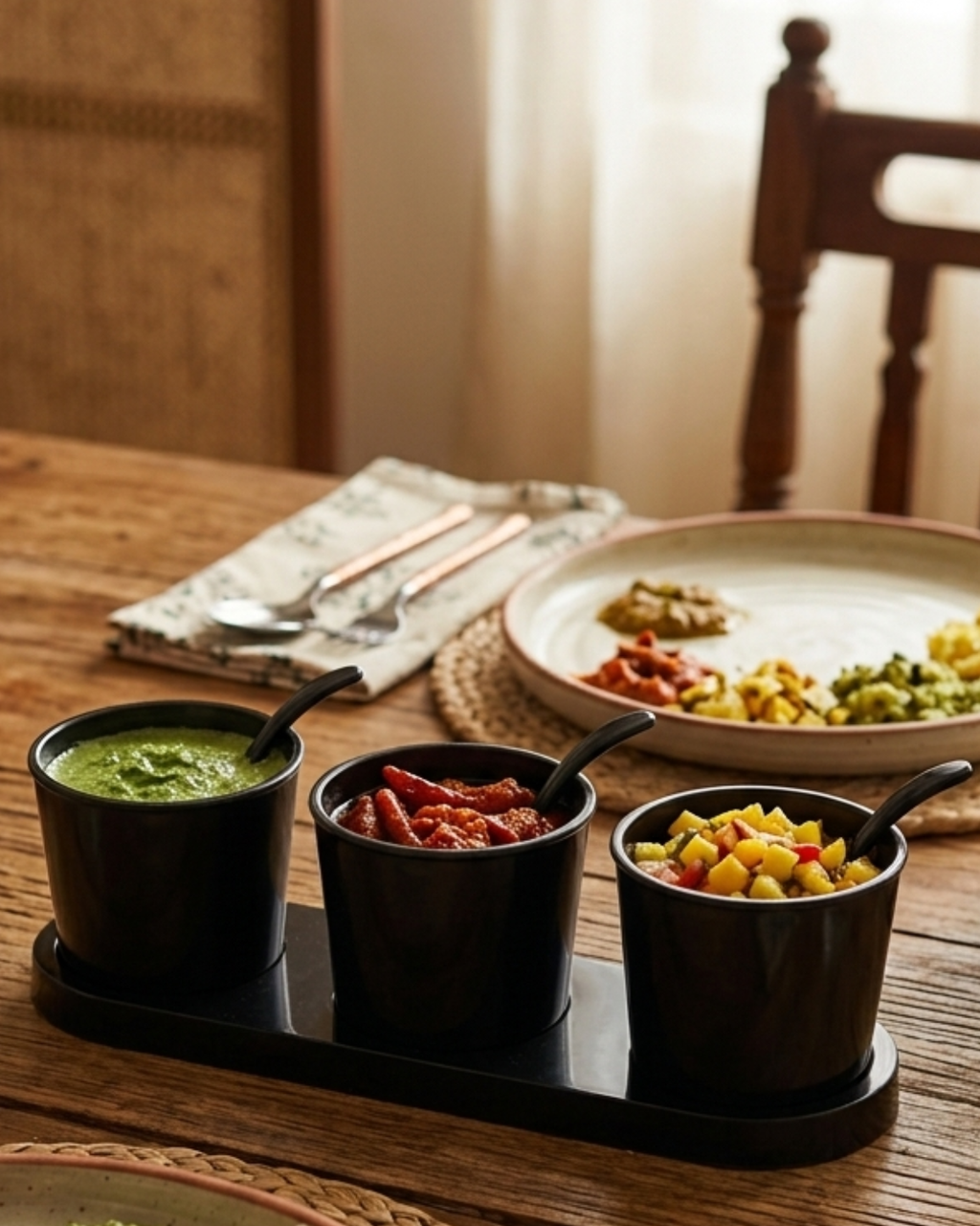 3-Piece Melamine Spice & Pickle Jar Set with Spoons and Tray (10" Black) – MTC3646 | Malabar Nest