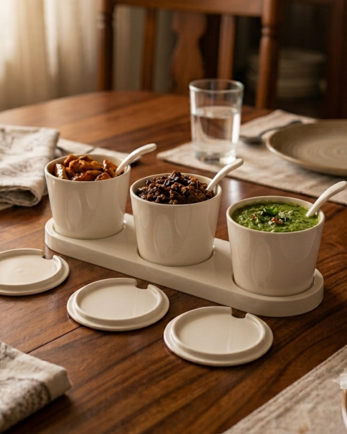 3-Piece Melamine Spice & Pickle Jar Set with Spoons and Tray (10" WHITE) – MTC1235 | Malabar Nest