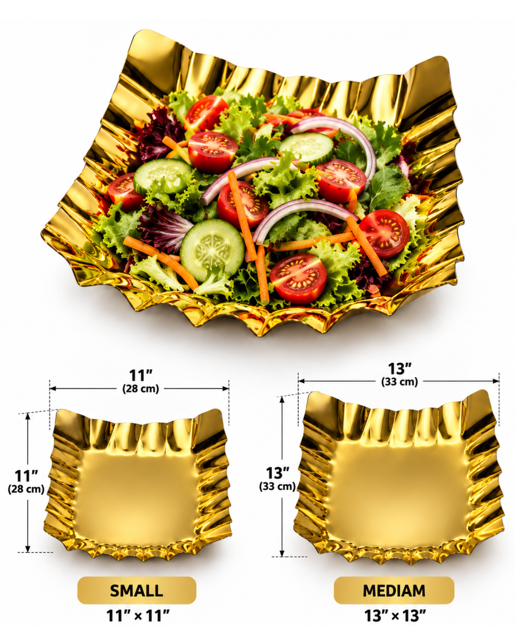 Gold square salad platter available in 11 inch and 13 inch sizes | Malabar Nest