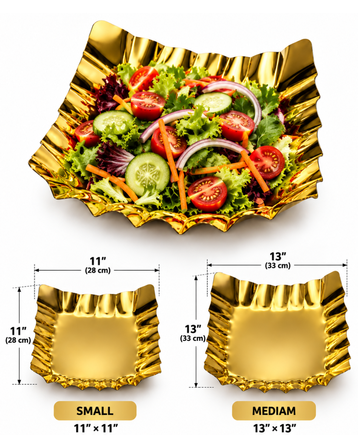 Gold square salad platter available in 11 inch and 13 inch sizes | Malabar Nest