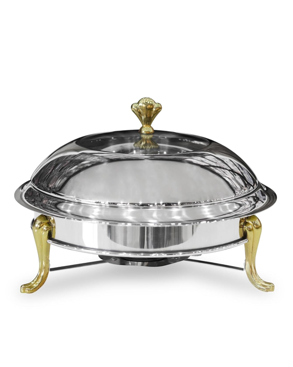 Stainless Steel Round Chafing Dish 24CM Food Warmer with Gold Handles & Lid | Buffet Warming Tray | Malabar Nest
