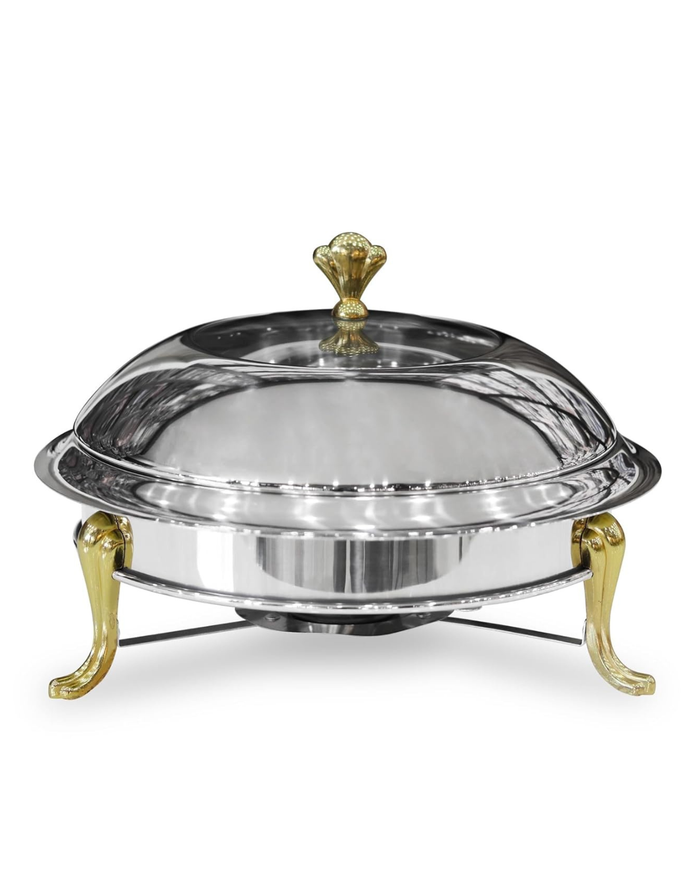 Stainless Steel Round Chafing Dish 24CM Food Warmer with Gold Handles & Lid | Buffet Warming Tray | Malabar Nest