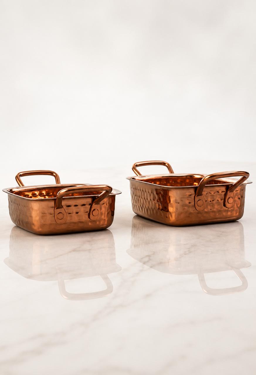 Hammered Copper & Gold Finish Serving Casserole Dish with Side Handles