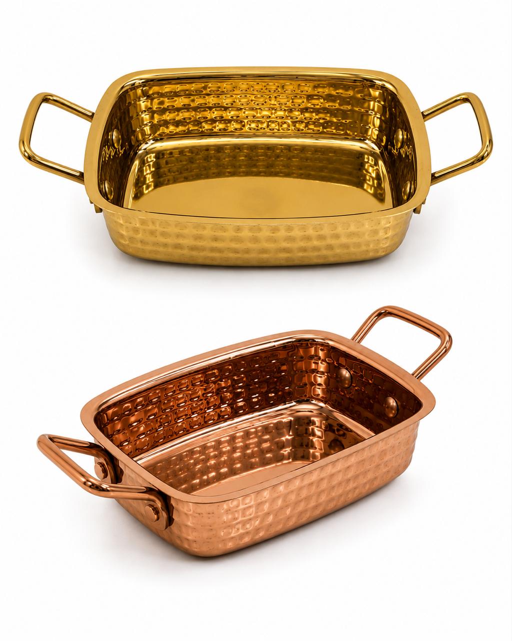 Hammered Copper & Gold Finish Serving Casserole Dish with Side Handles