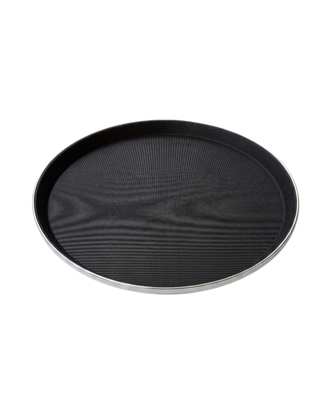Anti-Skid Round Serving Tray with Stainless Steel Rim available in 14-inch and 16-inch sizes for hotel, restaurant, catering, and home use