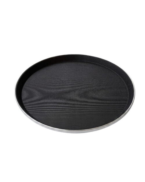 Anti-Skid Round Serving Tray with Stainless Steel Rim available in 14-inch and 16-inch sizes for hotel, restaurant, catering, and home use